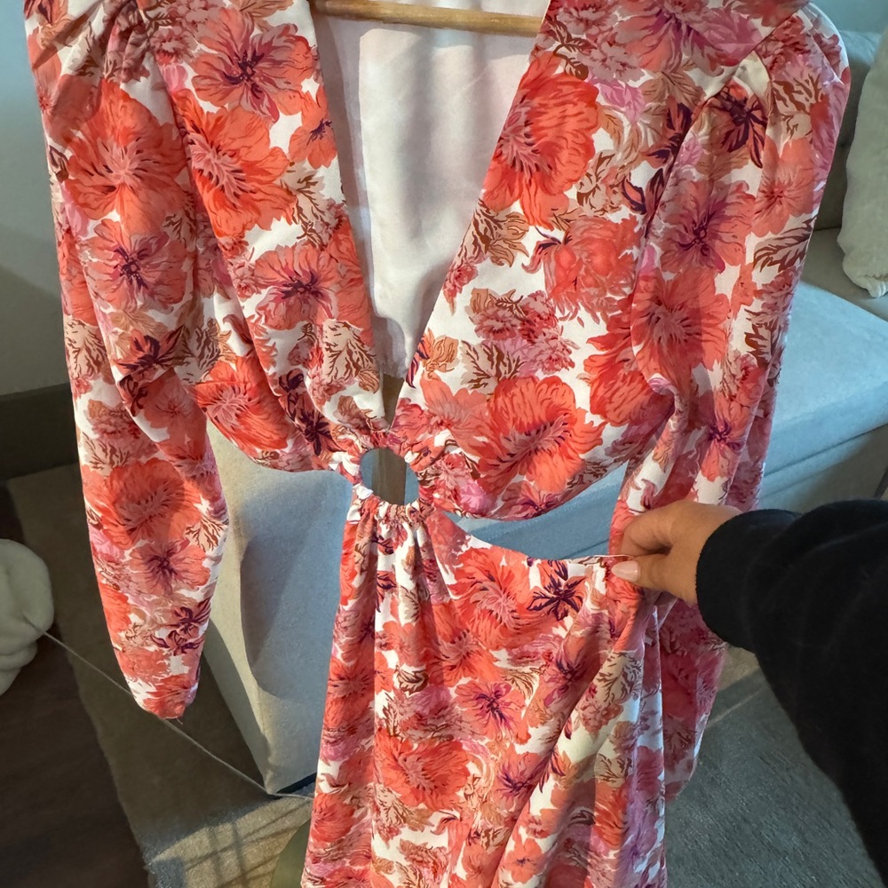 Showpo Pink and Red Floral Long Sleeve Dress